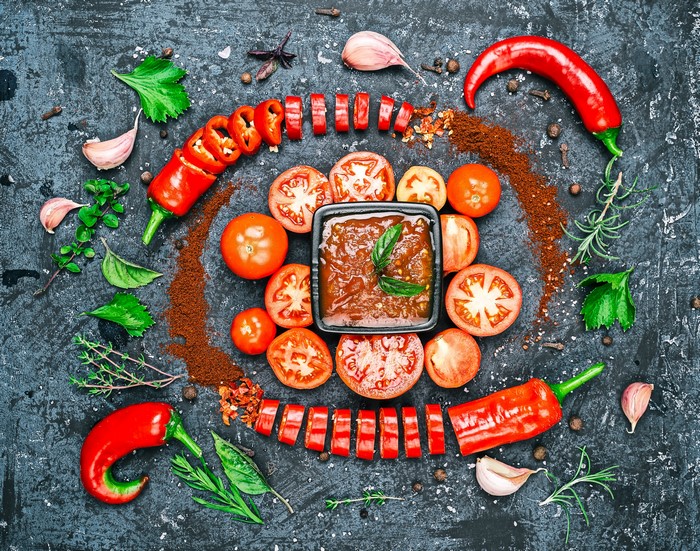 Tomatoes, Chili Peppers, Garlic, and Spices on Gray Background