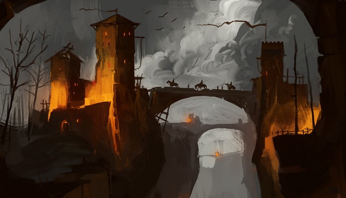Warriors crossing a bridge near a burning fortress