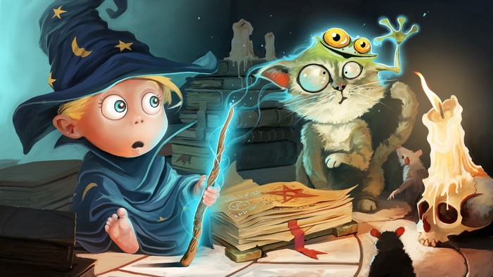 Young wizard with magic wand and surprised cat