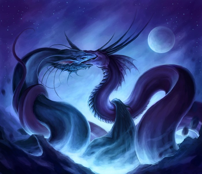 Two dragons kissing under the moon