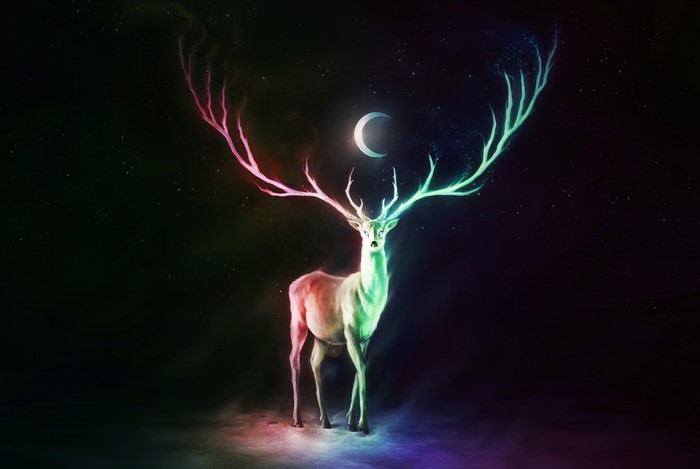 Magical Deer with Colorful Antlers Under Crescent Moon
