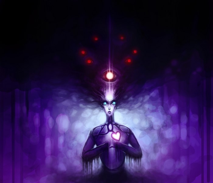 Mysterious figure with glowing heart and third eye