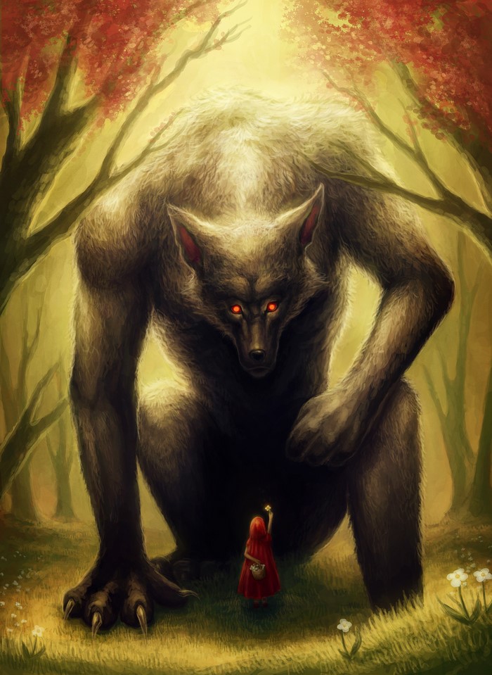 Little Red Riding Hood and a giant werewolf in a forest