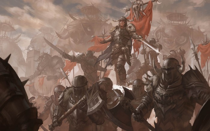 Warriors in armor with swords and banners