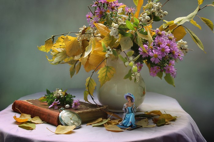Still-life with asters, book, and clock
