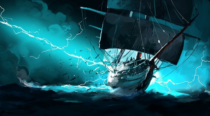 Ship sailing through a lightning storm
