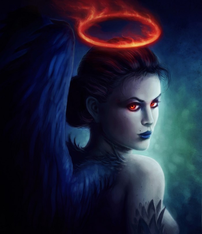 Angel with fiery halo and dark wings