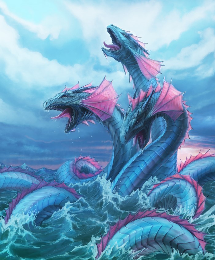 Multi-headed blue dragon roaring in the ocean