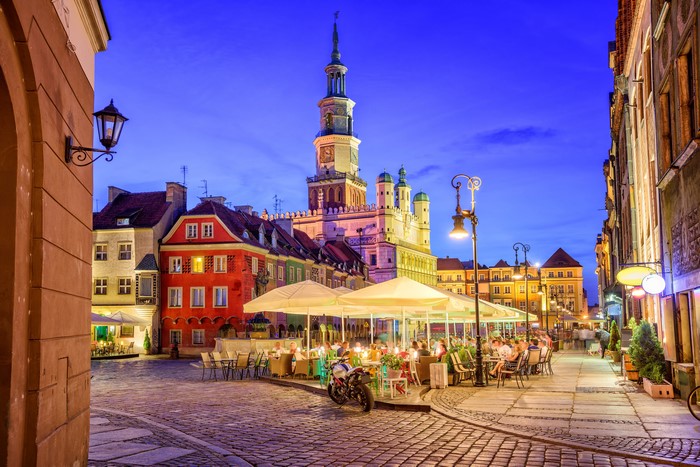 4K Poznan Poland Evening Street Cafe