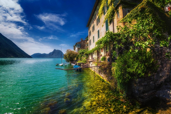 Gandria, Switzerland: Houses on Lake Lugano with Mountains
