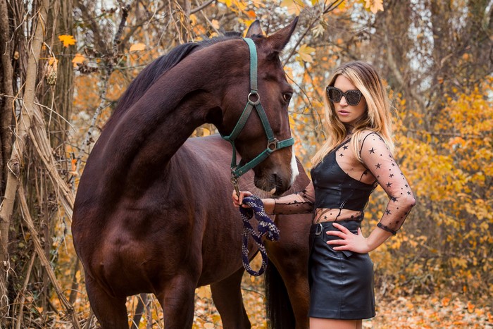 Woman in star-patterned top and leather skirt with horse