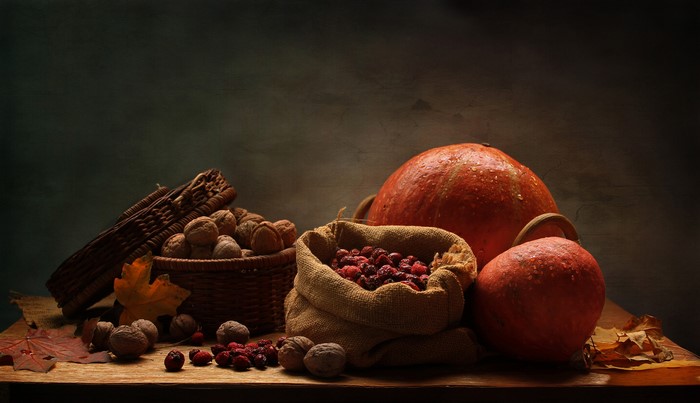 Still-Life Composition with Pumpkins, Nuts, and Berries