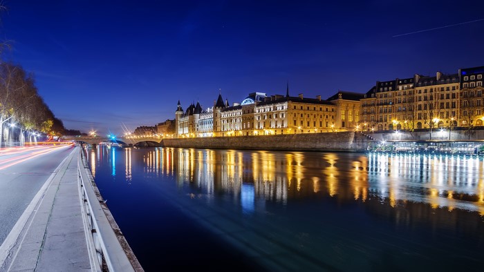 Paris at Night: Seine River and Historic Buildings