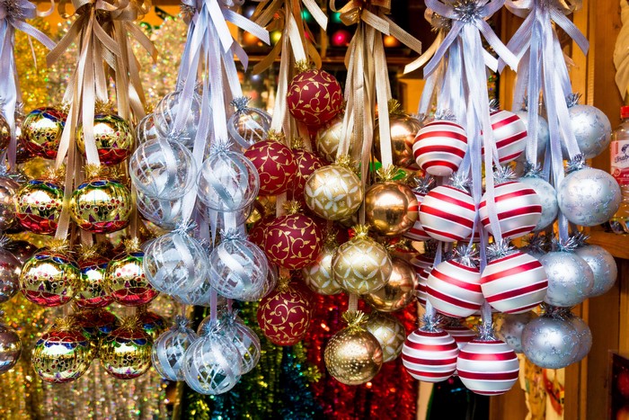 Christmas Ornaments Hanging at a Market