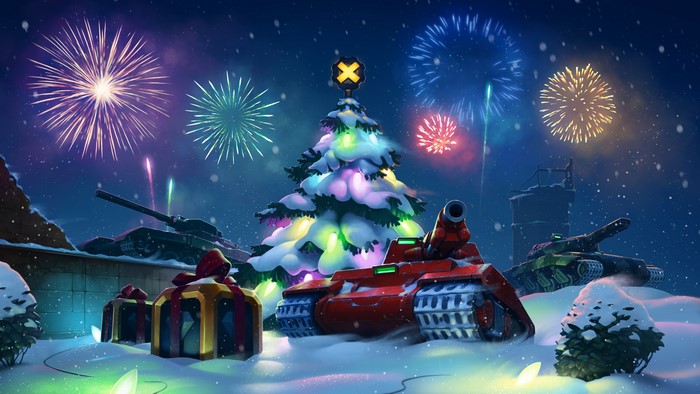 Tanks and Fireworks with Christmas Tree