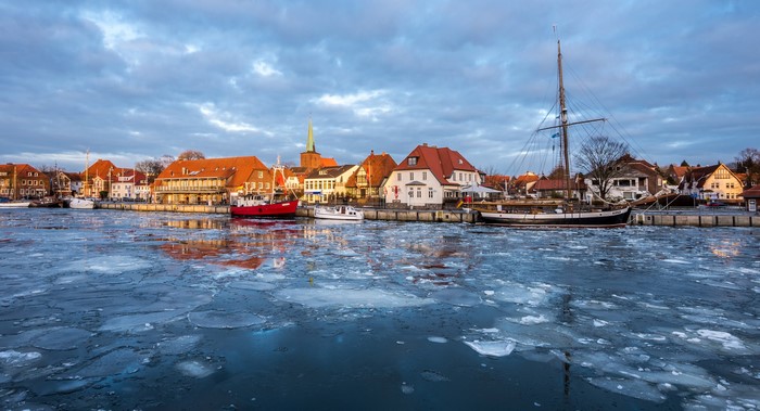 Neustadt, Germany harbor with ice and boats