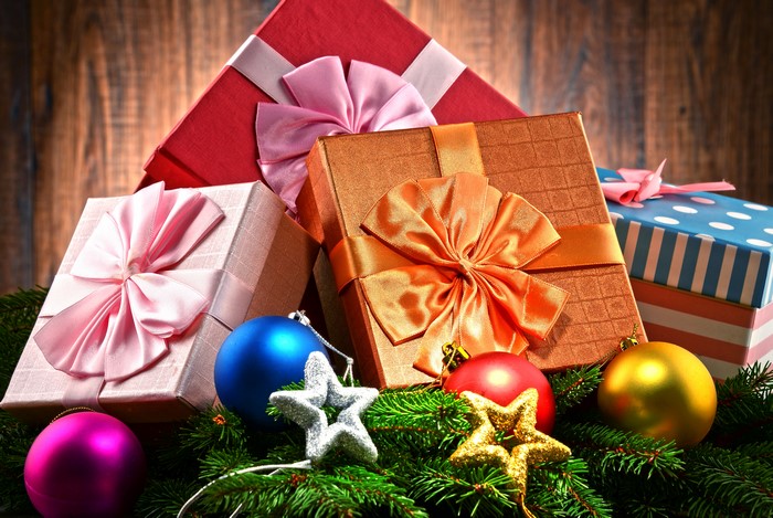 Christmas Gifts and Ornaments on Pine Branches