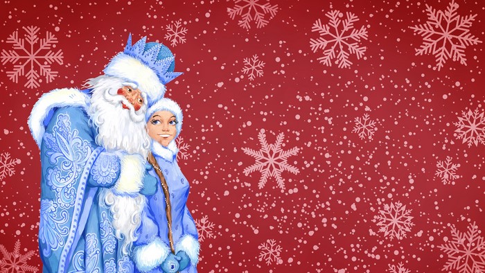 Ded Moroz and Snegurochka with snowflakes