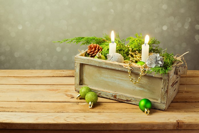 Christmas Advent Crate with Candles and Ornaments