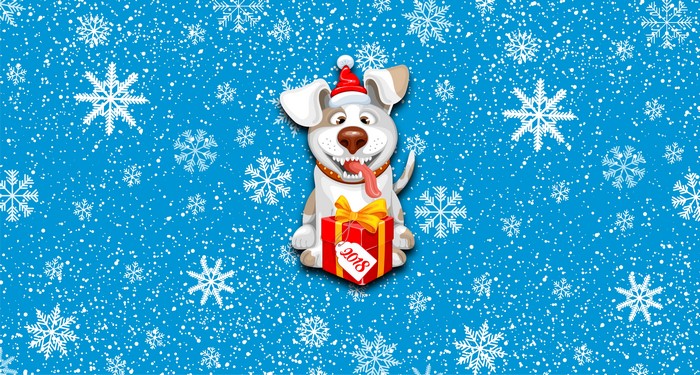 Dog in Santa hat with gift and 2018 tag