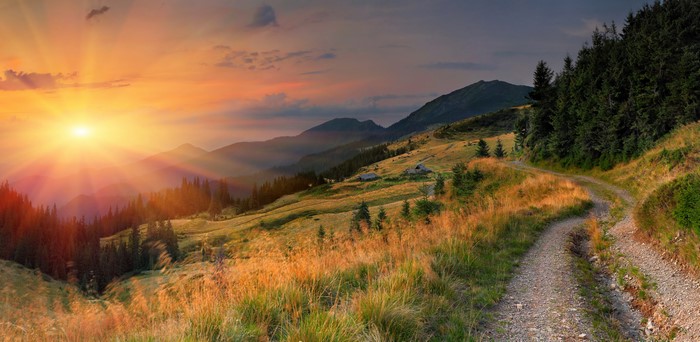 4K, Sunrises and sunsets, Roads, Mountains, Scenery, Grass, Spruce ...