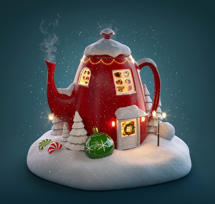 Christmas teapot house in the snow