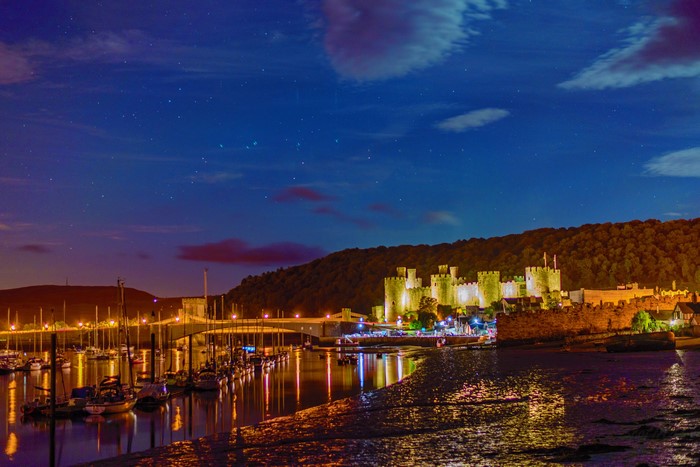 Conwy Castle and Marina at Night, Wales, United Kingdom