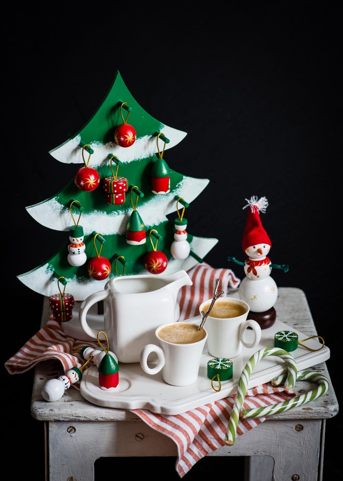 Christmas still-life with coffee and tree ornaments