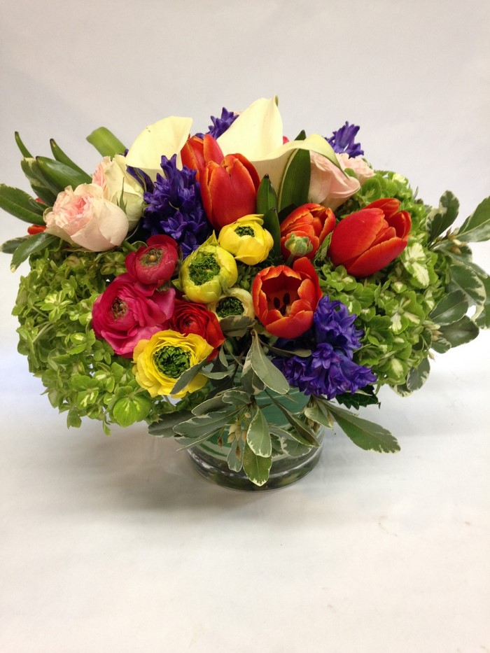 Colorful Spring Flower Arrangement with Tulips and Ranunculus