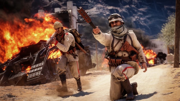 Soldiers in Battlefield 1 with explosions
