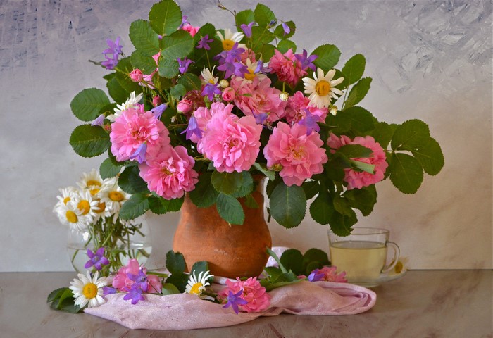 Still-life with Roses, Camomiles, and Tea