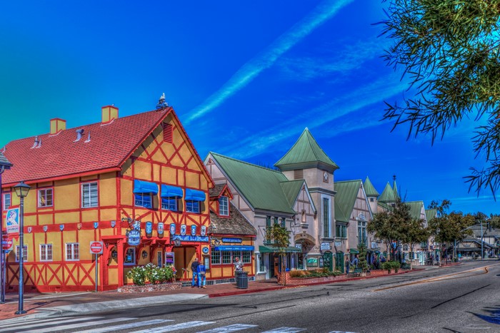4K HDR view of Solvang, California street with German-style houses