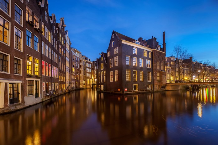 Amsterdam canal houses at dusk