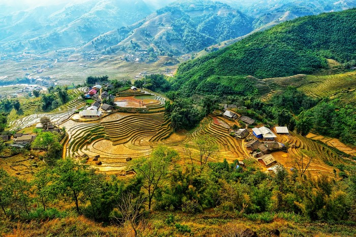 4K Vietnam Mountains with Rice Fields and Houses