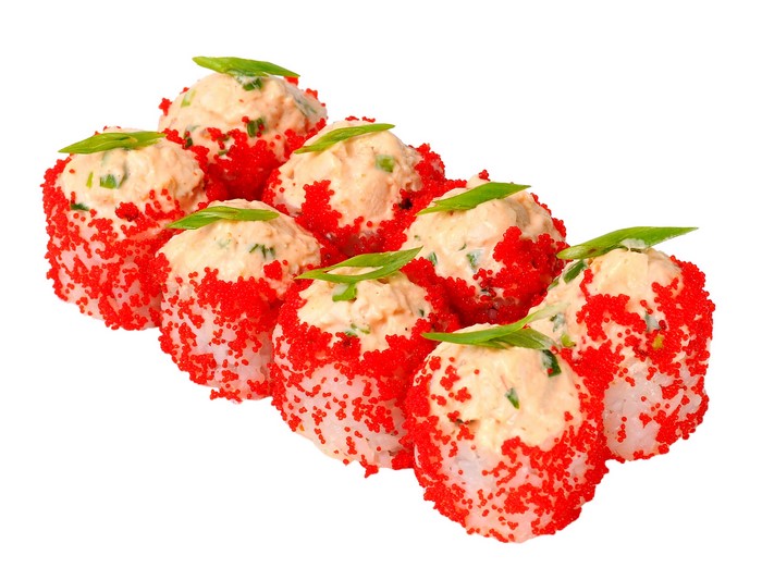 Sushi rolls with red caviar and green garnish