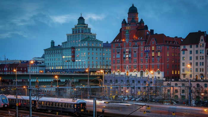 4K Stockholm Sweden Evening Cityscape with Trains