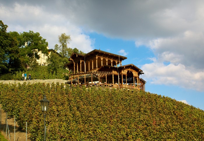 Wooden building on a hill with vineyards in Prague, Czech Republic