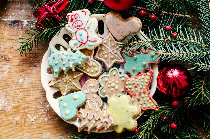 Christmas cookies with pine branches and ornaments
