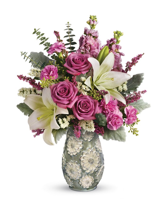 Pink Roses and Lilies Bouquet in Decorative Vase