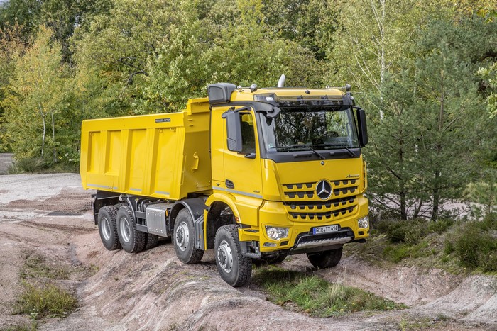 Yellow Mercedes-Benz Arocs dump truck off-road