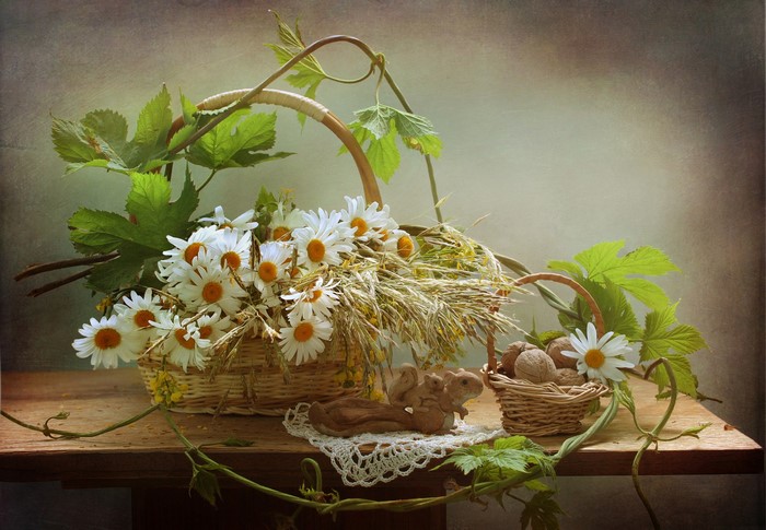 Still-life with camomiles, nuts, and squirrels in wicker baskets