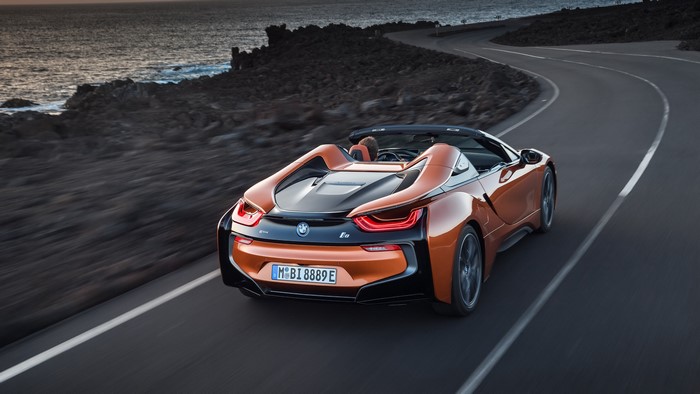 BMW i8 Roadster 2018 Orange Back View Motion