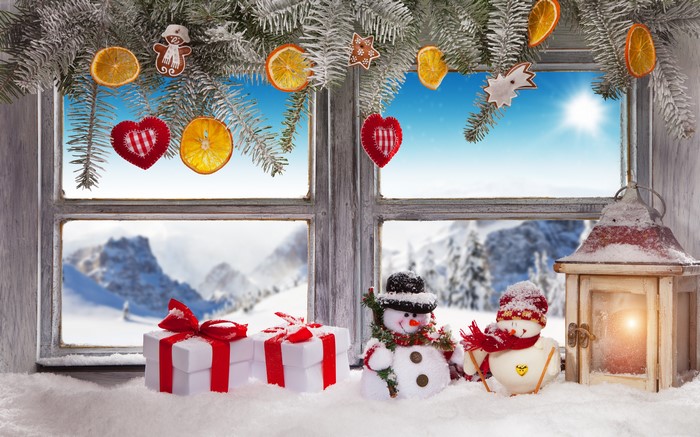 Christmas Window Scene with Snowmen and Gifts