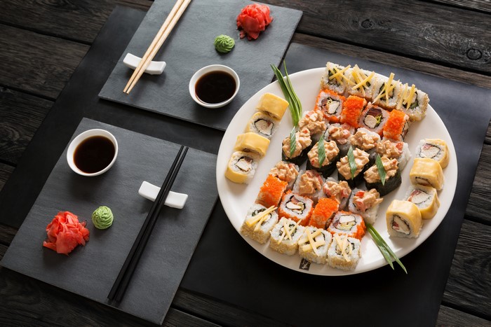 Sushi plate with chopsticks and soy sauce
