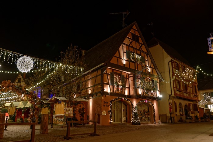 Eguisheim, France at night with Christmas lights