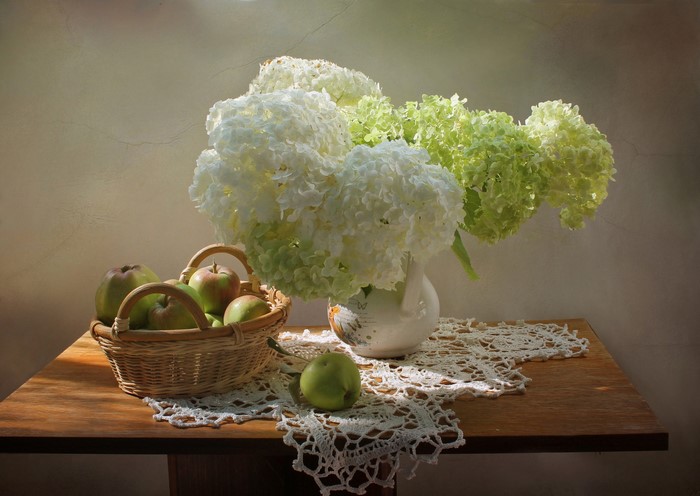 Still-life with Hydrangeas and Apples in a Wicker Basket