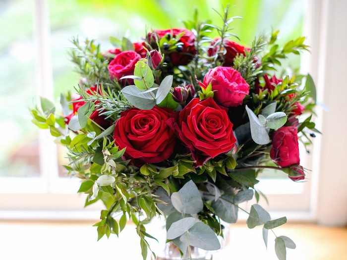 Red Roses and Greenery Bouquet