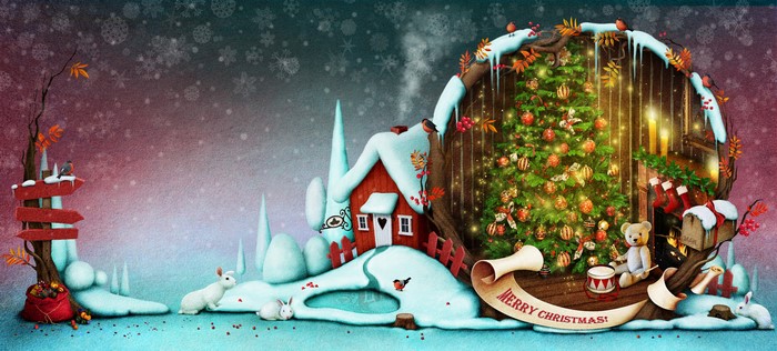 Christmas scene with decorated tree, house, and teddy bear