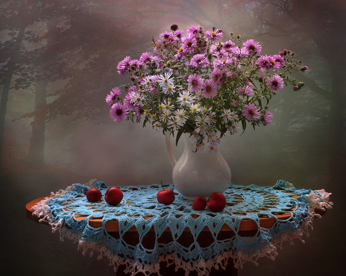 Vase of Asters with Apples on Crochet Tablecloth