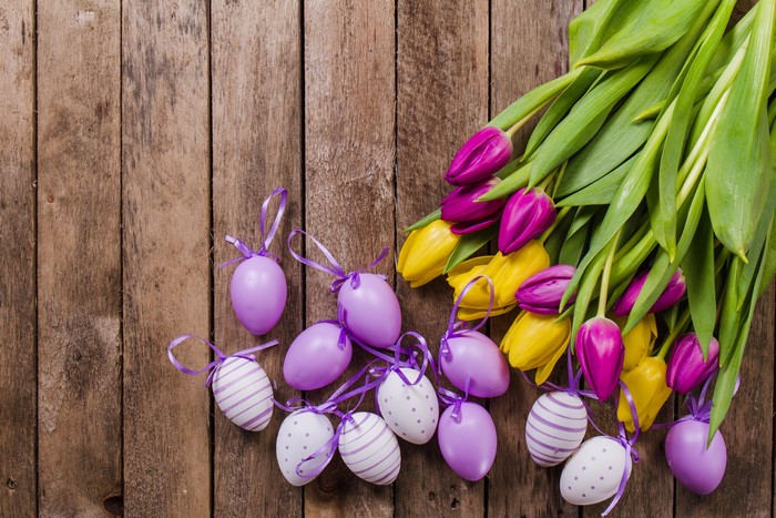 Easter Tulips and Eggs on Wood